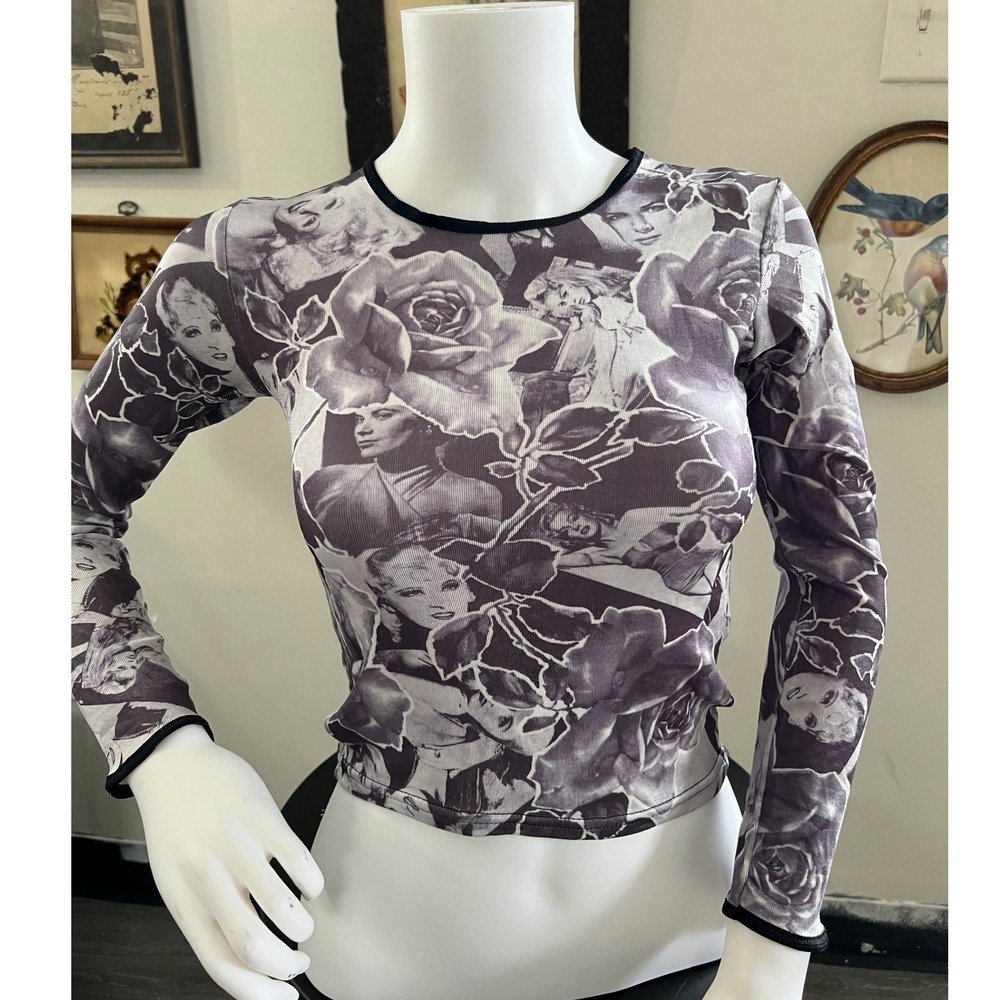 Vintage Cheryl Creations Y2K Collage Rose Print Long Sleeve Ribbed Crop Top Sz S